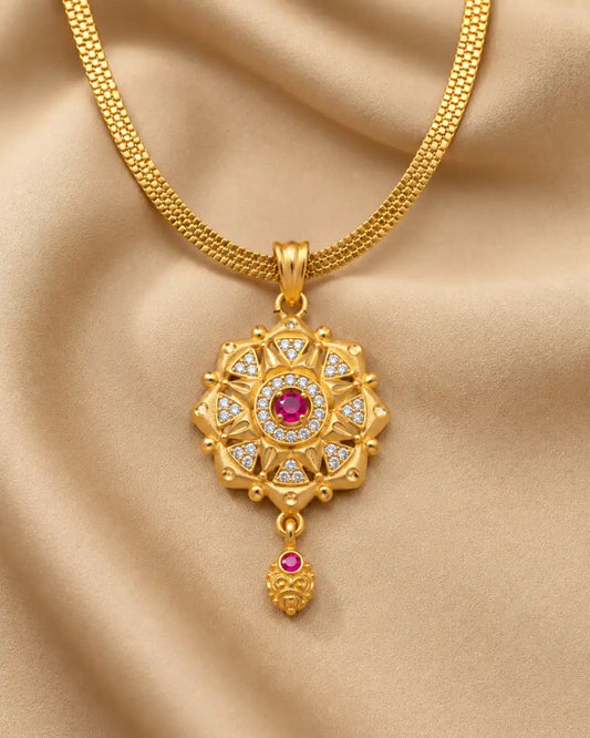 Sunflower Ruby Gold Plated Pendant and Earring Set | JEWELHIRA