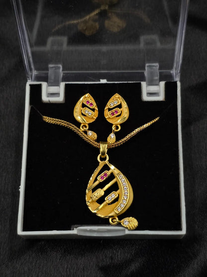 Floral Oval Gold Plated Pendant and Earring Set | JEWELHIRA