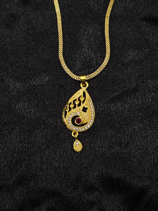 Gold necklace with a pendant on a black background