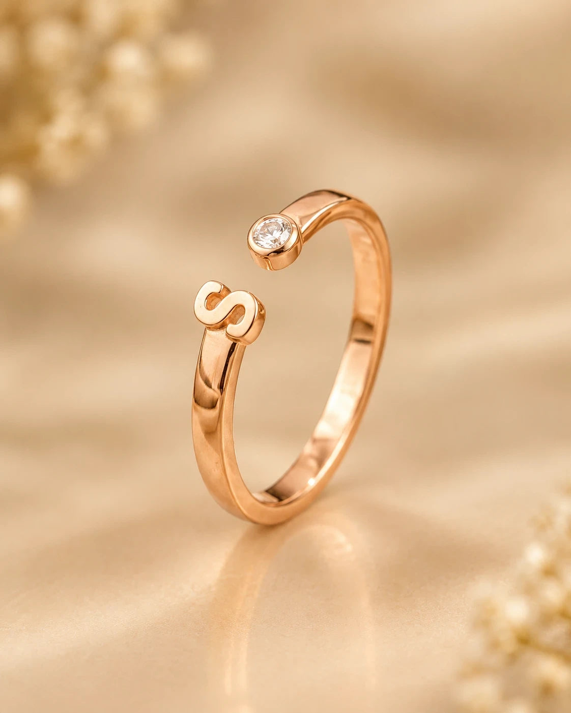 S Letter Rose Gold Plated Adjustable Ring for Women | JEWELHIRA