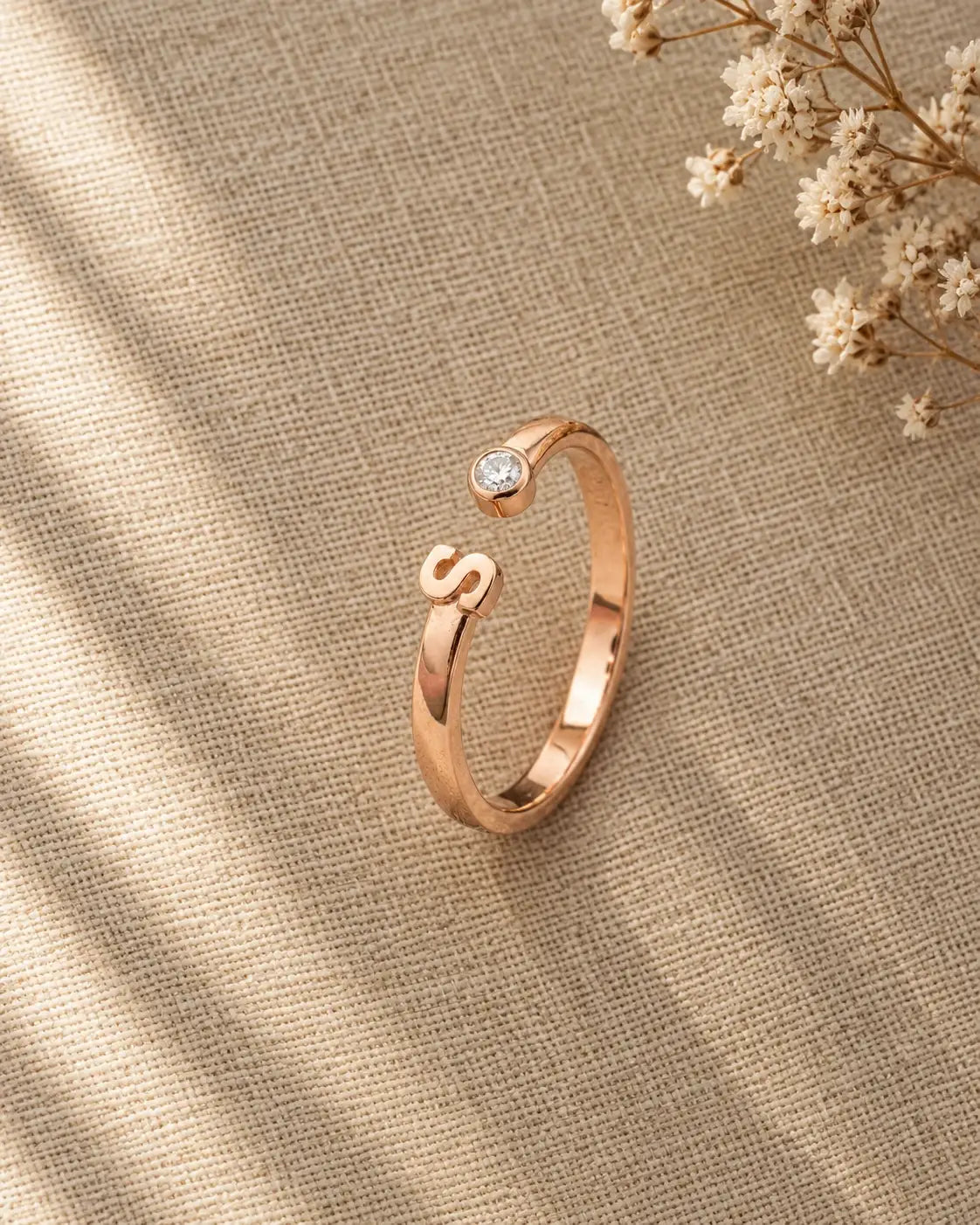 S Letter Rose Gold Plated Adjustable Ring for Women | JEWELHIRA