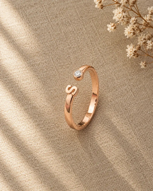 S Letter Rose Gold Plated Adjustable Ring for Women | JEWELHIRA