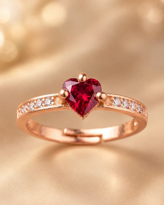 Ruby Red Heart Solitaire Adjustable Ring for Women – Rose Gold Finish | JEWELHIRA