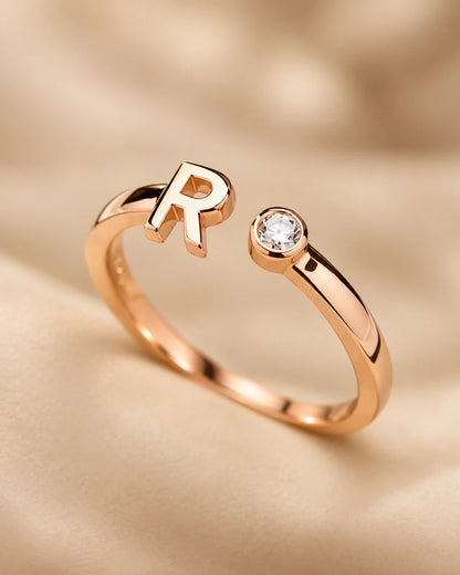 R Letter Rose Gold Plated Adjustable Ring for Women | JEWELHIRA