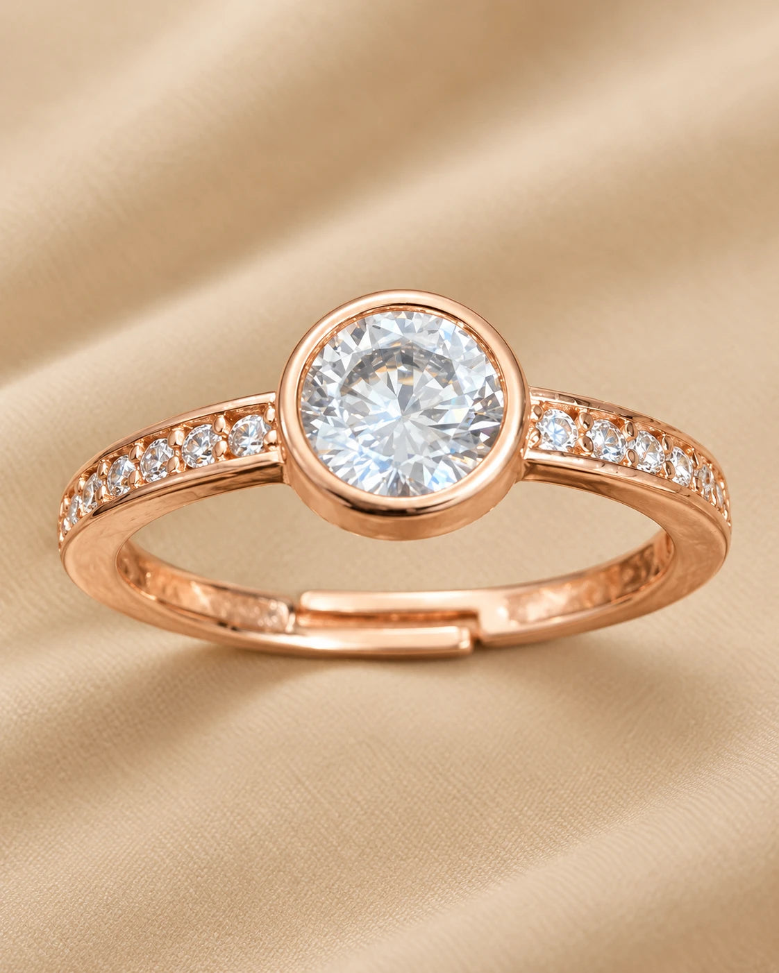 Classic Round Bezel CZ Adjustable Ring for Women – Rose Gold Plated | JEWELHIRA