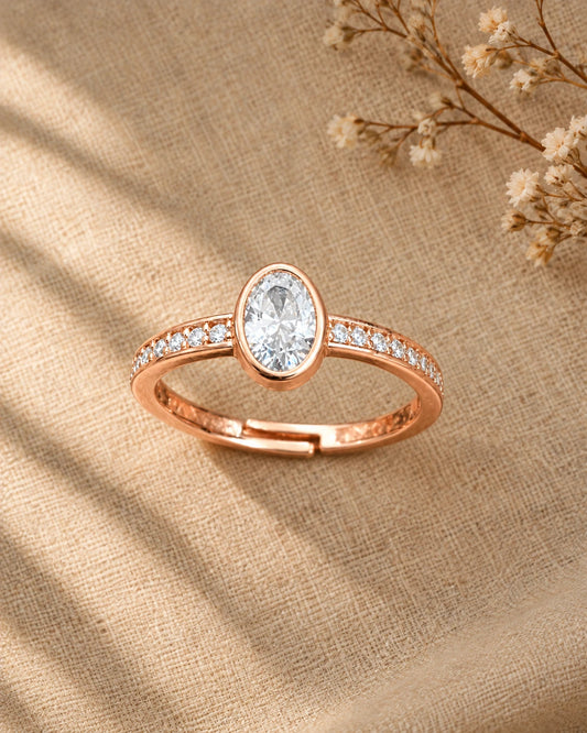 Elegant Oval Bezel CZ Adjustable Ring for Women – Rose Gold Plated | JEWELHIRA