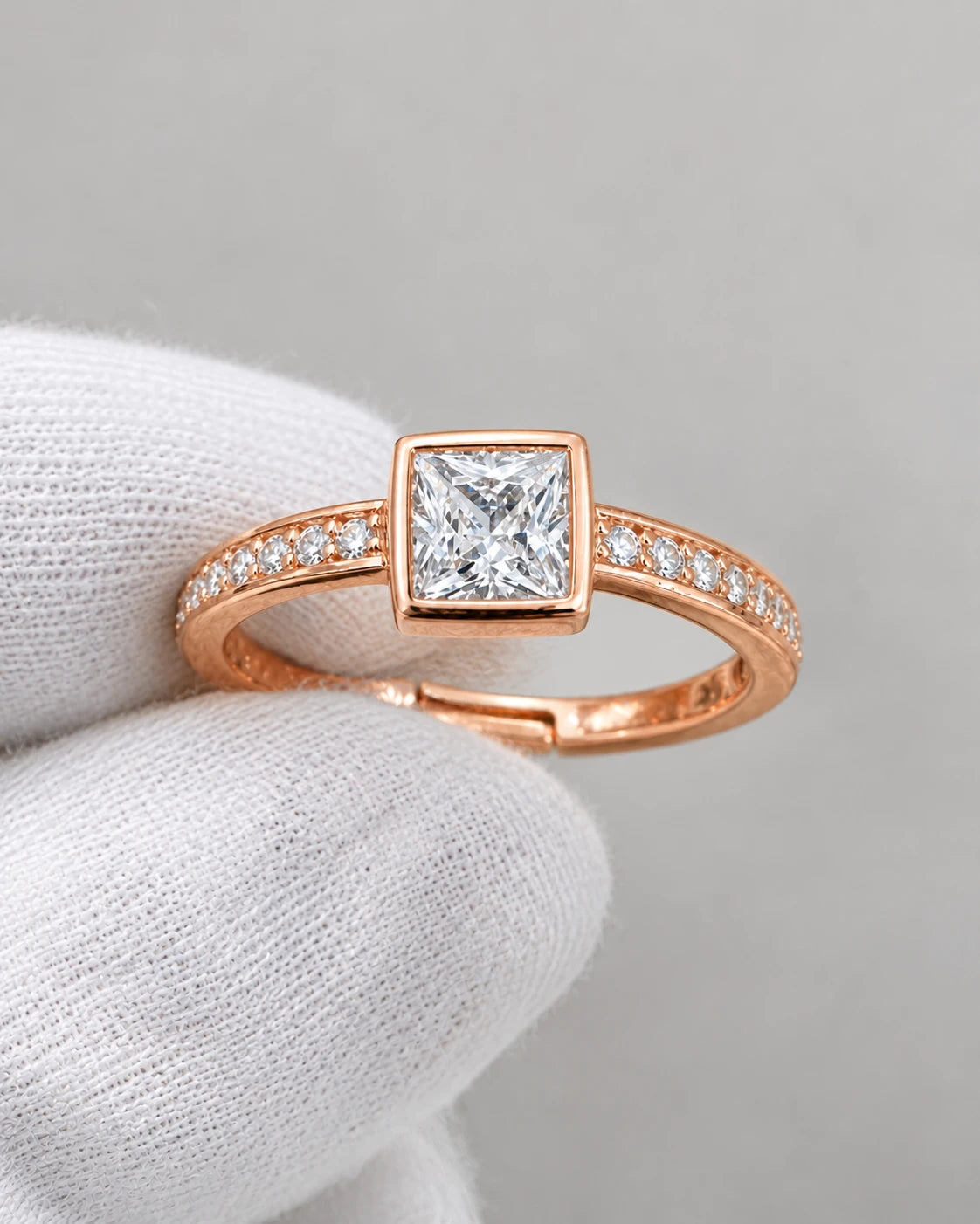 Princess Cut Bezel CZ Stone Adjustable Ring for Women – Rose Gold Plated | JEWELHIRA