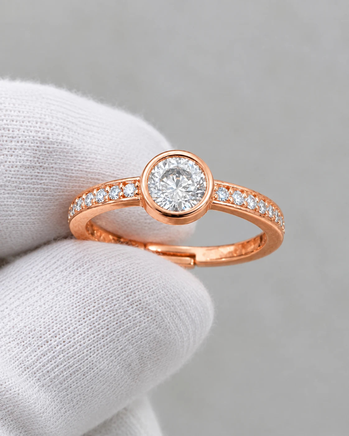 Classic Round Bezel CZ Adjustable Ring for Women – Rose Gold Plated | JEWELHIRA