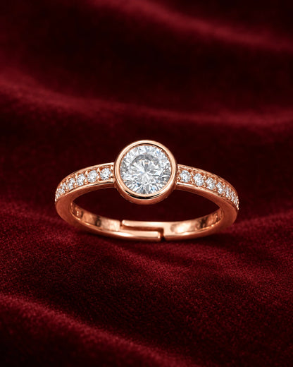 Classic Round Bezel CZ Adjustable Ring for Women – Rose Gold Plated | JEWELHIRA