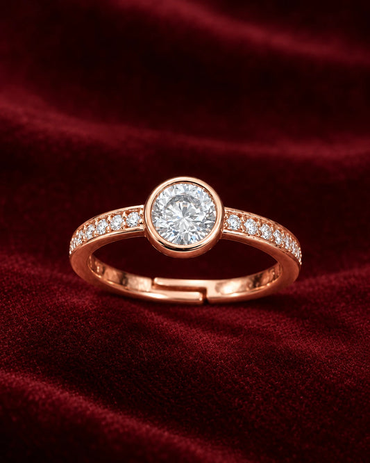 Classic Round Bezel CZ Adjustable Ring for Women – Rose Gold Plated | JEWELHIRA