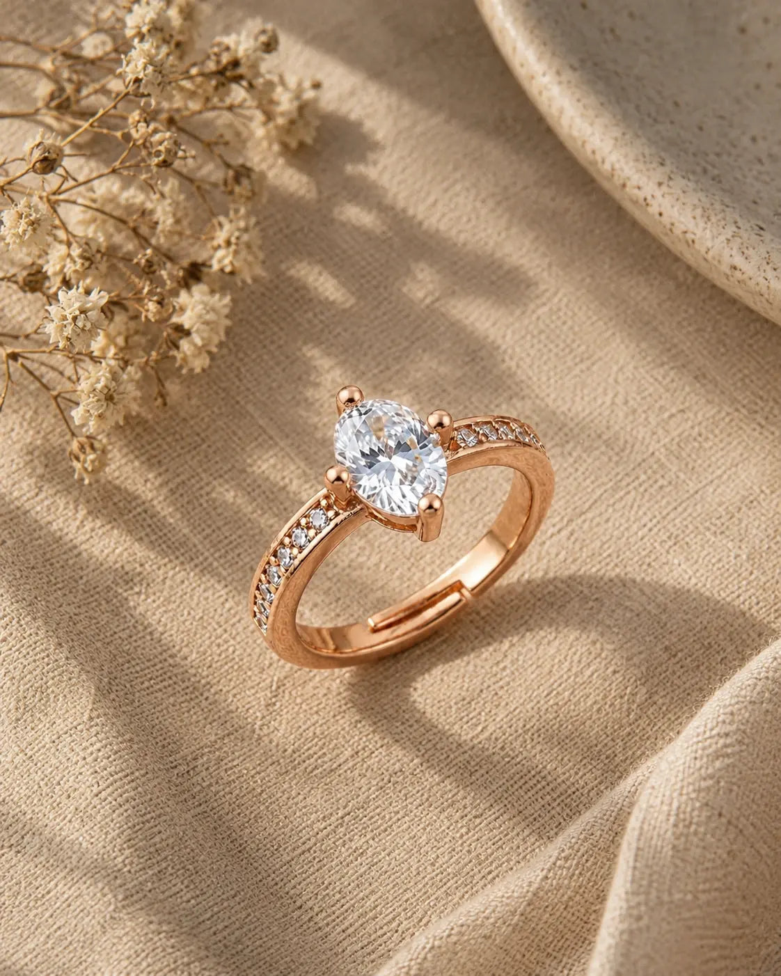 Elegant Oval American Diamond Ring for Women – Rose Gold Plated | JEWELHIRA