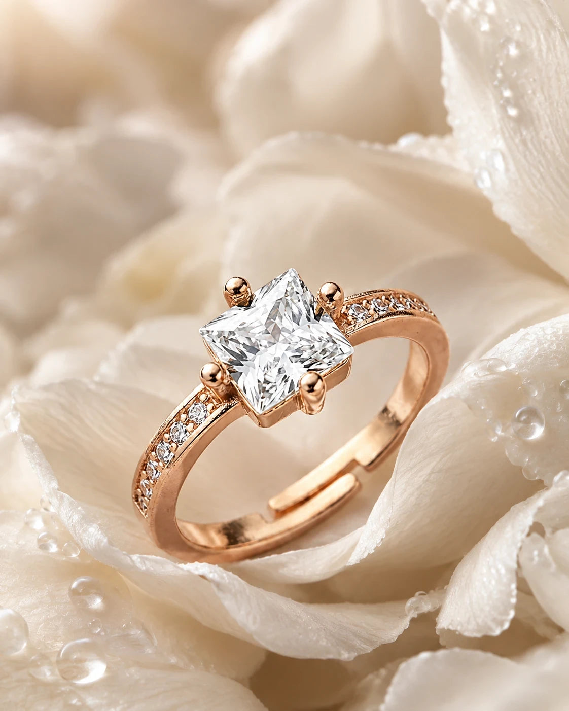 Square Sparkle White Stone Adjustable Ring for Women – Rose Gold Finish | JEWELHIRA