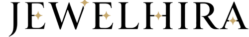 The brand name 'JEWELHIRA' is displayed in a black serif font with small gold sparkle accents on each letter, centered on a solid white background.