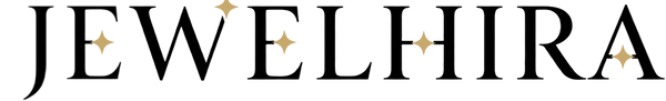 The brand name 'JEWELHIRA' is displayed in a black serif font with small gold sparkle accents on each letter, centered on a solid white background.