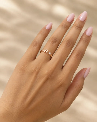 R Letter Rose Gold Plated Adjustable Ring for Women | JEWELHIRA