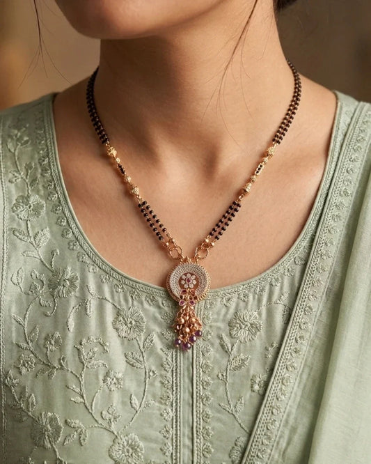 Rose Gold Plated Round CZ Tassel Mangalsutra for Women | JEWELHIRA