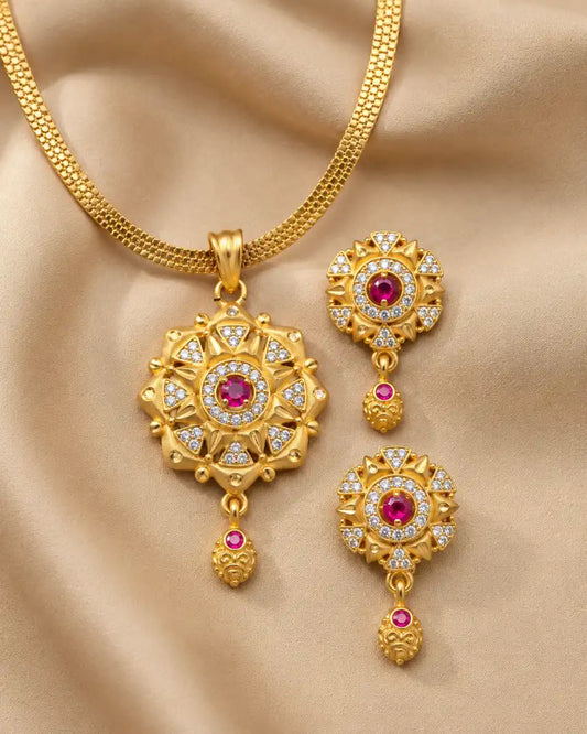 Sunflower Ruby Gold Plated Pendant and Earring Set | JEWELHIRA
