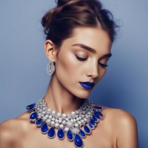 A women wearing sterling silvern jewellery royal blue stones